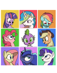 Size: 2250x2850 | Tagged: safe, artist:docwario, applejack, fluttershy, pinkie pie, princess celestia, princess luna, rainbow dash, rarity, spike, twilight sparkle, alicorn, dragon, earth pony, pegasus, pony, unicorn, baby, baby pony, cowboy hat, crown, cute, female, freckles, hat, jewelry, looking at you, male, mane seven, mane six, mare, regalia, royal sisters, smiling, spikabetes, square, stetson, the brady bunch