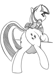 Size: 785x1101 | Tagged: safe, artist:graboiidz, twilight velvet, pony, unicorn, apron, both cutie marks, clothes, monochrome, plot, solo