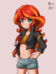 Size: 1536x2048 | Tagged: safe, artist:tinybenz, sunset shimmer, human, equestria girls, belly button, clothes, cute, denim shorts, hand on hip, jacket, looking at you, midriff, sexy, shimmerbetes, shorts, signature, simple background, solo, teenager, thighs, tomboy, tube top