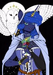 Size: 2465x3455 | Tagged: safe, artist:longinius, artist:sfmqueen, princess luna, alicorn, anthro, bird, owl, alternate hairstyle, beautiful, bracelet, choker, cloak, clothes, evening gloves, female, fingerless elbow gloves, fingerless gloves, flower, freckles, gloves, hood, horn, horn jewelry, horn ring, jewelry, knife, lace, long gloves, looking at you, mare, mottled coat, ribbon, ring, snowy owl, spread wings, wings