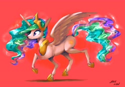 Size: 8000x5600 | Tagged: safe, artist:docwario, princess celestia, alicorn, pony, absurd resolution, jewelry, prancing, profile, red background, regalia, simple background, solo, spread wings, wings