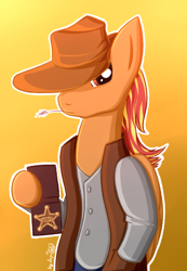 Size: 1024x1479 | Tagged: safe, artist:dsp2003, oc, oc only, oc:ember spark, pegasus, pony, 2014, colt, commission, hat, male, sheriff, solo, straw