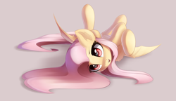 Size: 3300x1900 | Tagged: safe, artist:ifmsoul, fluttershy, bat pony, pony, adorasexy, bat ponified, chest fluff, cute, ear fluff, fangs, female, flutterbat, looking at you, lying down, mare, on back, open mouth, race swap, sexy, shyabates, shyabetes, simple background, solo, spread wings, wings