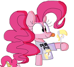 Size: 439x403 | Tagged: safe, artist:hattsy, derpy hooves, pinkie pie, pony, clothes, flockmod, hoof hold, shirt, solo, tongue out