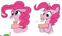 Size: 501x294 | Tagged: safe, artist:hattsy, artist:pochatochek, pinkie pie, earth pony, pony, 2 panel comic, cake, comic, cupcake, female, flockmod, food, looking down, mare, plate, smiling, solo, sticky