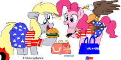 Size: 668x332 | Tagged: safe, artist:hattsy, artist:shutterflye, derpy hooves, pinkie pie, bald eagle, eagle, pegasus, pony, bag, burger, clothes, dress, female, food, hamburger, happy meal, mare, murica, open mouth, pleated skirt, shirt, skirt, skirt lift