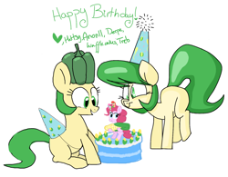 Size: 1280x1000 | Tagged: safe, artist:hattsy, artist:shutterflye, pinkie pie, oc, earth pony, pony, bipedal, cake, food, happy birthday, hat, micro, party hat, pepper, size difference, smiling