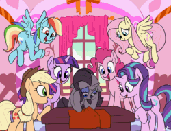 Size: 720x549 | Tagged: safe, artist:docwario, applejack, fluttershy, pinkie pie, rainbow dash, rarity, starlight glimmer, twilight sparkle, earth pony, pegasus, pony, unicorn, animated, crying, delusion, delusional, depersonalization, depressed, derealization, fabric, female, gif, illusion, mane six, mannequin, mare, non-looping gif, reality ensues, sad, table