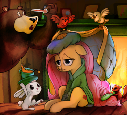 Size: 3300x3000 | Tagged: safe, artist:docwario, angel bunny, fluttershy, harry, bear, bird, pegasus, pony, squirrel, blanket, caring for the sick, clothes, cup, cute, female, fireplace, floppy ears, food, hairbrush, mare, mucus, plate, robe, runny nose, sick, smiling, tea, teacup, thermometer