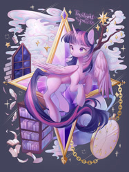 Size: 2249x3000 | Tagged: safe, artist:leafywind, twilight sparkle, twilight sparkle (alicorn), alicorn, pony, book, bookshelf, candle, clock, cloud, colored pupils, female, high res, mare, missing cutie mark, pocket watch, solo, tree branch