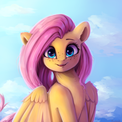 Size: 4000x4000 | Tagged: safe, artist:miokomata, fluttershy, pegasus, pony, absurd resolution, bust, chest fluff, cute, digital art, fangs, female, freckles, freckleshy, mare, open mouth, portrait, shyabetes, signature, smiling, solo