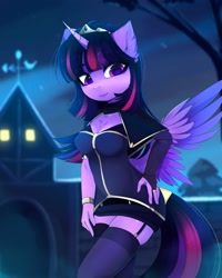 Size: 3284x4096 | Tagged: safe, artist:magnaluna, twilight sparkle, twilight sparkle (alicorn), alicorn, anthro, bracelet, breasts, chest fluff, cleavage, cloak, clothes, crown, cute, ear fluff, evening gloves, female, fingerless elbow gloves, fingerless gloves, garter belt, garters, gloves, hand on hip, jewelry, long gloves, mare, night, regalia, ring, sky, socks, solo, stockings, thigh highs, twiabetes, wristband