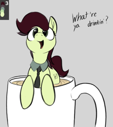 Size: 891x1000 | Tagged: safe, artist:graboiidz, oc, oc only, pony, cup, cup of pony, cute, dialogue, micro, necktie, offscreen character, solo, unnamed oc