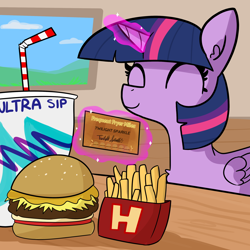Size: 2250x2250 | Tagged: safe, artist:tjpones, twilight sparkle, twilight sparkle (alicorn), alicorn, pony, burger, cute, drink, eyes closed, female, food, french fries, glowing horn, hay burger, high res, horn, levitation, magic, mare, pun, smiling, solo, solo jazz, telekinesis, this will end in weight gain, twiabetes, twilight burgkle