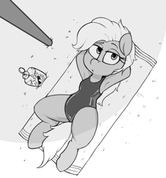 Size: 1204x1292 | Tagged: safe, artist:whydomenhavenipples, grace manewitz, pony, arm behind head, armpits, beach, chest fluff, clothes, female, grace manewitz is an armpit slut, grayscale, lidded eyes, lying down, mare, monochrome, on back, one-piece swimsuit, solo, spread legs, spreading, sunscreen, swimsuit, towel