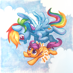 Size: 1876x1861 | Tagged: safe, artist:dawnfire, rainbow dash, scootaloo, pegasus, pony, cute, cutealoo, flying, open mouth, scootaloo can fly, scootalove