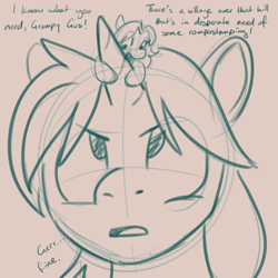 Size: 700x700 | Tagged: safe, artist:goat train, oc, oc only, oc:cumulonimbus, oc:snap feather, pony, dialogue, macro, monochrome, ponies riding ponies, role reversal, simple background, size difference, sketch