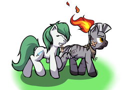 Size: 1800x1300 | Tagged: safe, artist:frecklesfanatic, oc, oc only, oc:ahrim, oc:beryl, oc:beryl (smhac), earth pony, pony, zebra, bandage, bandaid, injured, on fire