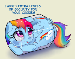 Size: 2665x2093 | Tagged: safe, artist:xbi, rainbow dash, pegasus, pony, 30 minute art challenge finished after, behaving like a cat, blatant lies, blushing, both cutie marks, cookie, cookie jar, cookie jar pony, cookie thief, cute, dashabetes, dialogue, food, high res, i don't like where this is going, if i fits i sits, jar, pony in a bottle, simple background, solo, this will end in colic, yellow background