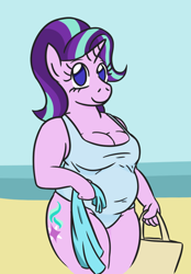 Size: 570x818 | Tagged: safe, artist:jargon scott, starlight glimmer, anthro, bag, bbw, chubby, clothes, fat, one-piece swimsuit, smiling, solo, swimsuit