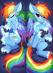 Size: 721x1000 | Tagged: safe, artist:hioshiru, rainbow dash, pegasus, pony, :p, body pillow, body pillow design, chest fluff, coat markings, colored wings, cute, dashabetes, ear fluff, eyes closed, female, heart eyes, leg fluff, mare, multicolored wings, obtrusive watermark, profile, solo, tail feathers, tongue out, unshorn fetlocks, watermark, wingding eyes, wings