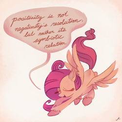 Size: 4800x4800 | Tagged: safe, artist:docwario, fluttershy, pegasus, pony, absurd resolution, dialogue, eyes closed, flying, simple background, smiling, solo, speech bubble, spread wings, unshorn fetlocks