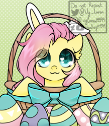 Size: 650x750 | Tagged: safe, artist:thanhvy15599, fluttershy, pegasus, pony, basket, bow, bunny ears, commission, cute, ear fluff, easter, easter basket, easter egg, egg, eye clipping through hair, heart eyes, holiday, shyabetes, solo, wingding eyes, ych example, your character here