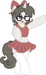 Size: 1346x2197 | Tagged: safe, artist:digiqrow, oc, oc only, oc:solaria, pony, semi-anthro, unicorn, belly button, bipedal, bow, cheerleader, clothes, female, glasses, hair bow, mare, midriff, pleated skirt, simple background, skirt, socks, solo, transparent background, vector