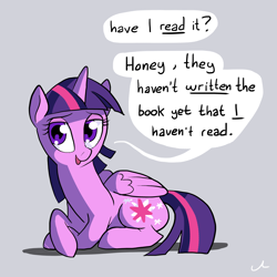 Size: 4200x4200 | Tagged: safe, artist:docwario, twilight sparkle, twilight sparkle (alicorn), alicorn, pony, absurd resolution, blatant lies, book, bragging, folded forelegs, looking at you, prone, simple background, solo, that pony sure does love books