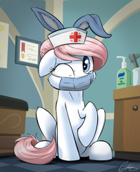 Size: 2442x3002 | Tagged: safe, artist:oinktweetstudios, nurse redheart, earth pony, pony, coronavirus, covid-19, easter, face mask, fake ears, hand sanitizer, holiday, mask, one eye closed, ppe, solo, surgical mask