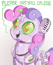 Size: 3900x4800 | Tagged: safe, artist:docwario, sweetie belle, sweetie bot, pony, robot, robot pony, unicorn, absurd resolution, antennae, female, filly, foal, horn, looking at you, open mouth, simple background, smiling, solo, text
