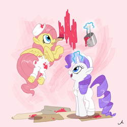 Size: 4500x4500 | Tagged: safe, artist:docwario, fluttershy, rarity, pegasus, pony, unicorn, absurd resolution, duo, flying, magic, mouth hold, not blood, overalls, paint, paintbrush, telekinesis, this will end in tears