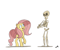 Size: 864x720 | Tagged: safe, artist:docwario, fluttershy, human, pegasus, pony, 2spooky, animated, bone, cute, dancing, duo, gif, happy, open mouth, shyabetes, simple background, skeleton, smiling, spooky scary skeleton, spoopy, wat, white background