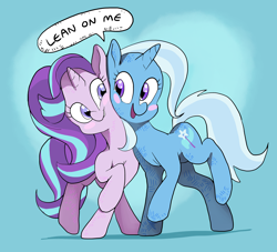 Size: 3300x3000 | Tagged: safe, artist:docwario, starlight glimmer, trixie, pony, unicorn, blush sticker, blushing, cute, dialogue, diatrixes, female, glimmerbetes, heart, leaning, lesbian, looking at each other, mare, shipping, smiling, startrix