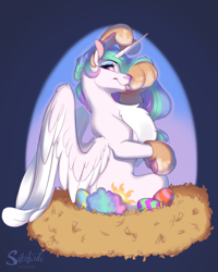 Size: 1200x1500 | Tagged: safe, artist:silentwulv, princess celestia, alicorn, pony, :p, animal costume, bunny costume, bunny ears, bunnylestia, chest fluff, clothes, costume, cute, cutelestia, easter, easter bunny, easter egg, female, holiday, mare, nest, sitting, solo, tongue out
