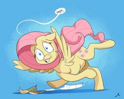 Size: 3000x2400 | Tagged: safe, artist:docwario, fluttershy, pegasus, pony, accident, banana, banana peel, crossed legs, eep, falling, female, food, gritted teeth, mare, slipping, solo, speech bubble, spread wings, surprised, wide eyes, wings