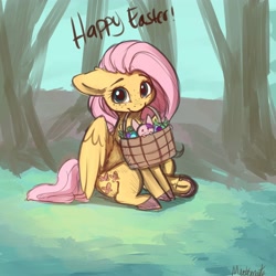 Size: 4000x4000 | Tagged: safe, artist:miokomata, fluttershy, oc, pegasus, pony, rabbit, animal, basket, colored hooves, cute, easter, easter basket, female, floppy ears, freckles, freckleshy, holiday, looking at you, mare, mouth hold, outdoors, shyabetes, sitting, spread wings, underhoof, weapons-grade cute, wings