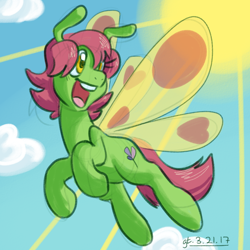 Size: 700x700 | Tagged: safe, artist:goat train, oc, oc only, oc:honeysuckle, butterfly pony, flying, open mouth, sky, smiling, solo, sun