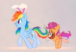 Size: 4096x2805 | Tagged: safe, artist:taneysha, rainbow dash, scootaloo, pegasus, pony, basket, bunny ears, chest fluff, cute, cutealoo, dashabetes, duo, ear fluff, easter, easter basket, easter bunny, easter egg, eyes closed, female, filly, high res, holiday, mare, mouth hold, open mouth, profile, scootalove, siblings, sisters