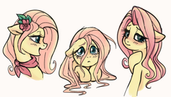 Size: 848x483 | Tagged: safe, artist:hippykat13, artist:sorcerushorserus, color edit, edit, editor:hippykat13, fluttershy, pegasus, pony, ascot, blushing, bust, colored, cute, female, floppy ears, flower, flower in hair, full face view, lineart, looking back, mare, profile, puppy dog eyes, shyabetes, simple background, solo, stray strand, three quarter view, white background