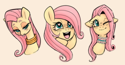 Size: 1008x525 | Tagged: safe, artist:hippykat13, artist:sorcerushorserus, color edit, edit, editor:hippykat13, fluttershy, pegasus, pony, bedroom eyes, bust, choker, chokershy, colored, cute, female, floppy ears, full face view, heart eyes, lidded eyes, lineart, looking at you, looking up, mare, neck rings, one eye closed, open mouth, shyabetes, simple background, smiling, solo, three quarter view, tongue out, white background, wingding eyes, wink