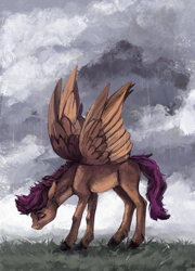 Size: 1500x2087 | Tagged: safe, artist:weird--fish, scootaloo, pegasus, pony, cloud, cloudy, rain, sad, solo, spread wings, wings