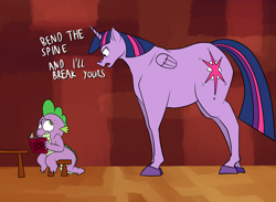 Size: 1500x1100 | Tagged: safe, artist:anontheanon, spike, twilight sparkle, twilight sparkle (alicorn), alicorn, dragon, horse, pony, angry, book, bookhorse, colored hooves, dialogue, female, lip bite, male, mare, scared, size difference, small head, small wings, stool, sweat, table, that pony sure does love books, threat