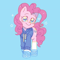 Size: 2048x2048 | Tagged: safe, artist:cassettepunk, artist:chapaghettii, pinkie pie, earth pony, pony, blue background, clothes, crocs, cute, diapinkes, female, high res, hoodie, looking at you, mare, no pupils, simple background, socks, solo, stars