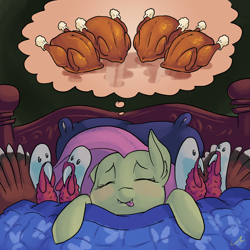 Size: 3000x3000 | Tagged: safe, artist:docwario, fluttershy, pegasus, pony, bed, cooked, dead, dream, female, food, implied ponies eating meat, mare, sleeping, thanksgiving, tongue out, turkey