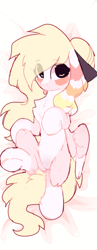 Size: 582x1500 | Tagged: safe, artist:little-sketches, oc, oc:kitsume butterfly, pegasus, pony, blaze (coat marking), blushing, female, fluffy, mare, pale belly, solo, tongue out, two toned wings, wings