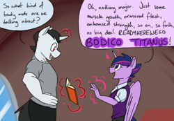 Size: 1000x700 | Tagged: safe, artist:goat train, twilight sparkle, twilight sparkle (alicorn), oc, oc:hot rod, alicorn, anthro, alternate hairstyle, anthro oc, book, commission, dialogue, magic, punklight sparkle, telekinesis