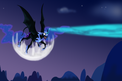 Size: 3000x2000 | Tagged: safe, artist:empressspacegoat, nightmare moon, alicorn, pony, princess twilight sparkle (episode), armor, bat wings, curved horn, ethereal mane, fangs, flying, helmet, horn, leonine tail, magic, moon, night, open mouth, screenshot redraw, sky, solo, starry mane, stars, wings