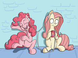 Size: 2141x1600 | Tagged: safe, artist:docwario, fluttershy, pinkie pie, earth pony, pegasus, pony, earbuds, mp3 player, music