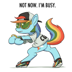 Size: 1600x1600 | Tagged: safe, artist:docwario, rainbow dash, earth pony, pony, bipedal, clothes, female, fetish, hat, lip bite, mare, race swap, shoes, sneakers, sneakers fetish, solo, sunglasses, text, watch, wingless